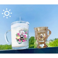 Totoro glass lolita cup with handle and straw lid 140ml 400ml C29U28 cute cartoon amber color