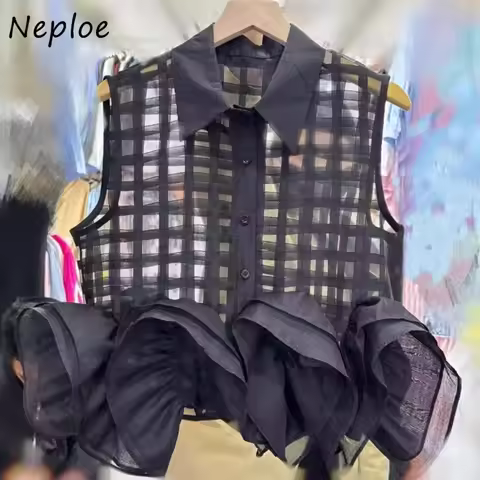 Neploe Women French Style Elegant Small Fellow Shirts Design Bud Sleeveless New All-match Blusas Hol