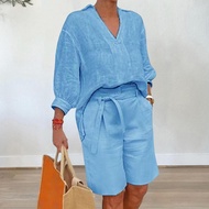 Women's Summer 2 Piece Outfits Deep V Neck Linen Top and Shorts Aesthetic Clothes Set Trendy Clothes