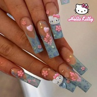 Sanrio Hello Kitty 24pcs Long Square French Tip Press On Nails With 3d Hello Kittyand Flowers Patter