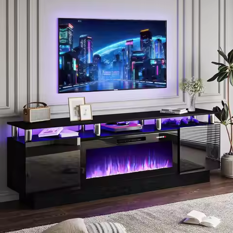 Modern 70" TV Stand with 36" Electric Fireplace Luxury LED Light Entertainment for TVs up to 80 Inch