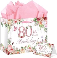 Large 80th Birthday Gift Bag Flower Happy 80th Birthday Decorations for Women with Card & Wrapping P