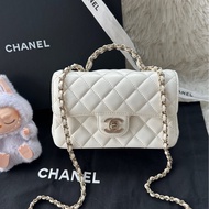 【❤️ 配件：原票大全套】Chanel 23A 水鑽手柄 cf mini 白金 白色 金扣 手提 單肩 斜挎