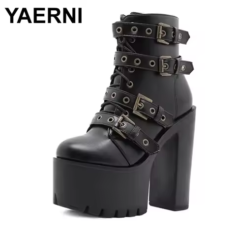 Zip Up Platform Ankle Boots High Heels Round Head Black Leather Goth Studded New Rock Combat Punk Wo