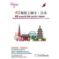 日本Softbank 8日4G 8GB之後3G無限上網卡電話卡SIM卡data