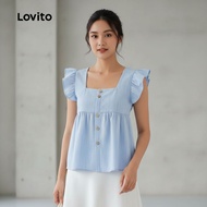 Lovito Blaus Kasual Butang Musim Bunga/Panas Biru untuk Wanita L134ED565