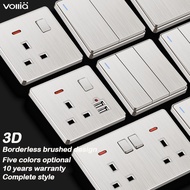 Vollia Rimless 13amp Electrical Wall Switches and Sockets Panel for House 1/2/3/4 Gang 1/2 Way Switch for Lighting Silver Modern Multi Socket with USB 20A Water Heater Switch 3/6 Pin Power Plug Universal Wall Socket 220V International Switch Off/on Lamp
