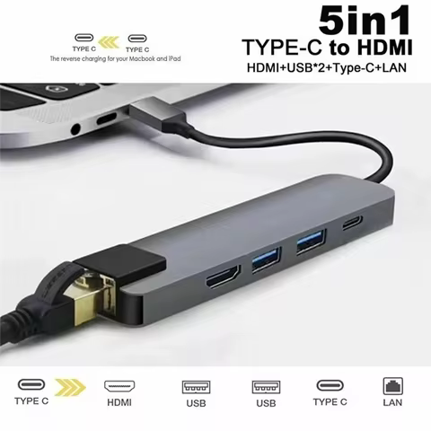 FC&EC 5 in 1 USB C Hub Type C To 4K HD Adapter with RJ45 Network 100M Ethernet Lan Charger Port Adap