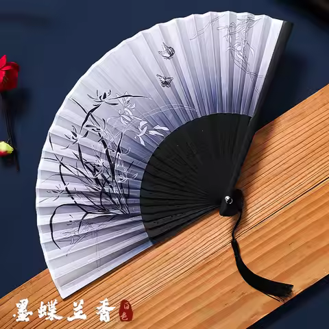 Large 33cm Chinese Japanese Silk Bamboo Folding Traditional Fan Crane Plum Blossom Decoration Design