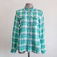 L.L. BEAN 復古綠格紋亞麻襯衫 女款長袖鈕釦襯衫 XS
