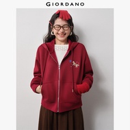 GIORDANO Women Hoodies Pony Embroidery Zip-Through Hoodies Fleece Lined Fashionable Casual Loose Hoo