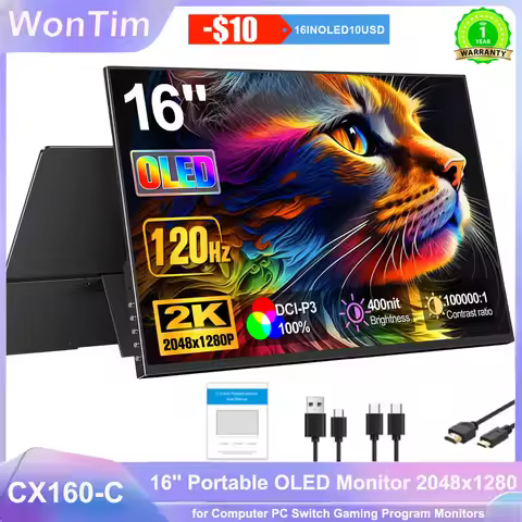 WonTim 16.0" 2K OLED 500Nits Portable Monitor 120Hz UHD DCI-P3 External Screen 149% sRGB USB C HDMI 