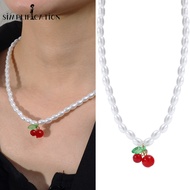 Bohemia Ellipse Imitation Freshwater Pearl Choker - Y2K Sweet Girl Mini Red Cherry Pendant Necklace 