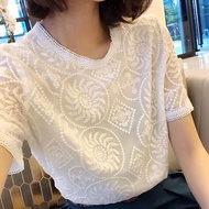 European European Spring Korean Version Plus Size Round Neck Short-Sleeved Chiffon Shirt Women Heavy Industry Embroidered Lace T-Shirt Top Women European Spring Korean Version Plus Size Round Neck Short-Sleeved Chiffon Shirt Women Heavy Industry Embroider