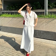 Youthful, elegant A-shaped high-waisted midi dress - Non-shrink linen blend fabric, 53cm slit in the