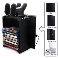 PS4 Slim Pro Console Multifunactional Game Disc Storage Tower Stand with Controller Charging Dock Station for XBOX ONE Slim