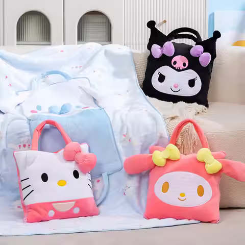 Anime Hello Kitty Cinnamoroll My Melody Kuromi Coral Velvet Portable Pillow Blanket Bag Kawaii Thick