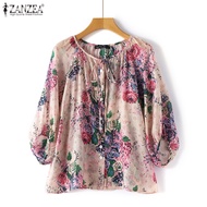 ZANZEA เสื้อเสื้อสตรีคอกลมแขนยาว9นาทีเสื้อลายดอกไม้หลวมลำลองเสื้อตัวบน #3