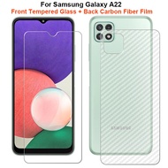 For Samsung Galaxy A22 4G / 5G 1 Set = Back Rear Carbon Fiber Film Sticker + Clear Front Clear Tempered Glass Screen Protector Guard