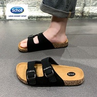 Scholl Genuine Leather Mens Sandals with Memory Foam Natural Cork Footbed Slides for Men Footwear - 