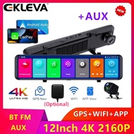 EKLEVA 4K 12Inch 2160P Dash Cam Carplay &amp; Android Auto 5G Wifi Rearview Mirror Camera Car DVR GPS Navigation Video Recorder Dual Lens