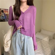 夏季防曬冷氣衫女裝冰絲開衫 百搭V領長袖上衣 透氣薄款潮流- 白色 均碼