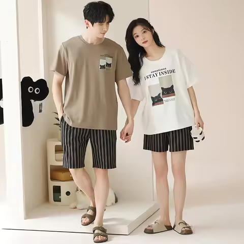 Couple Pajama Set Men and Women 100% Cotton Short Sleeve Pyjamas Cute Cartoon Pijama