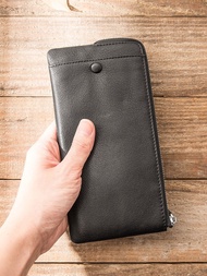 👝 New New Men's Genuine Leather Ultra-Thin Long Zipper Wallet Men's Clutch Bag Clutch Bag Women's Cowhide Casual Versatile Wallet