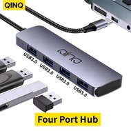 QINQ USB 3.0 Hub 4 Ports in Anodized Aluminum – 0.3 m Braided USB-C Cable, Dedicated Chip 5 Gbit/s, 