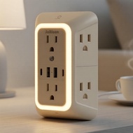 Night Light Outlet Extender: 6 AC Outlets + 4 USB, 3-Level Light Sensor, Surge Protection for Travel