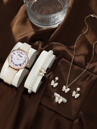 1入兒童手錶,時尚休閒帶可愛花卉圖案,石英鐘錶,禮盒附送蝴蝶珍珠飾品套裝