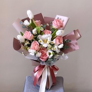 【鮮花】粉色玫瑰鬱金香自然風鮮花花束
