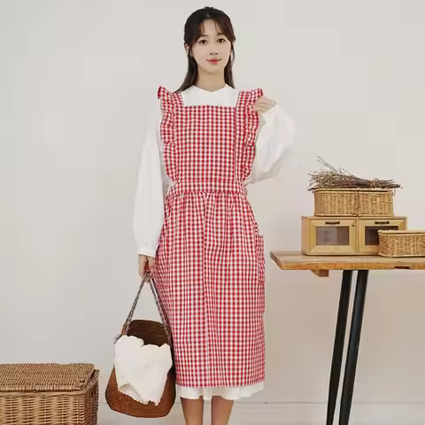 Vintage Plaid Ruffled Apron Women Baking Art Nail Art Anti Fouling Cover Pure Cotton Home Kitchen Cl
