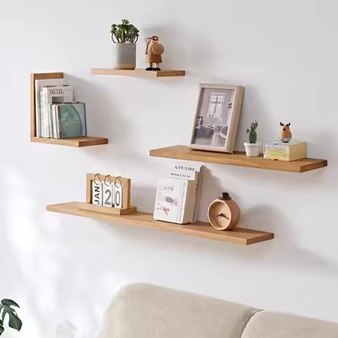 Solid Oak Floating Shelf Natural Wood Wall Mounted Storage Shelf for Living Room, TV Wall, Bookshelf