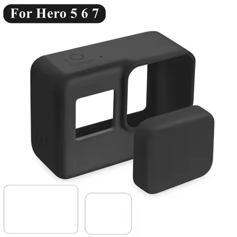 For GoPro Hero 7 6 5 Silicone Case Black Tempered Glass Screen Protector Protective Film Lens Cap Co