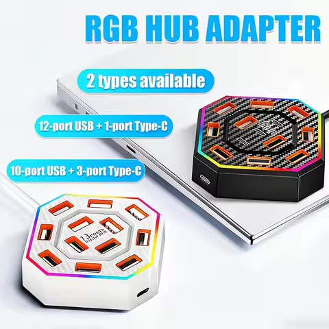 RGB 13 Port USB Hub 2.0 Splitter Multi USB Type C Docking Station Laptop Desktop Extender Adapter Wi