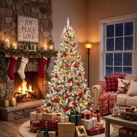 6Ft/7.5Ft Pre-Lit Flocked Christmas Tree, 200/400 Warm White Lights, 508/900 Tips, Snowy Artificial 