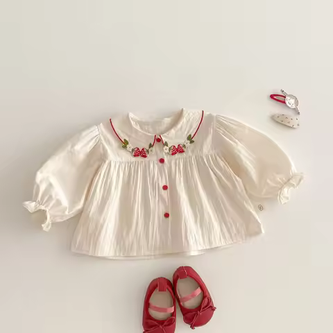 Girls Fashion Shirt 2025 New Spring Baby Korean Long Sleeve Shirt Children Spring Strawberry Peter P