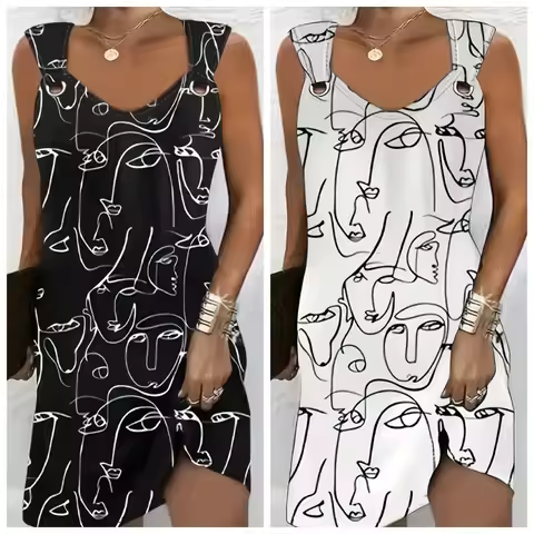 2025 Summer Street Fashion Printed 3D Abstract Pattern Button Design Dress