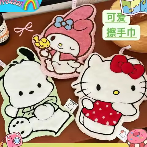 Cute Cartoon Hand Towel Coral Fleece Absorbent Hanging Towel Kt Cat Melody Pochacco Keroppi Kids Bat