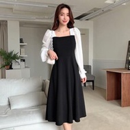 Two Tone Square Neck Bishop Sleeve Dress Work Women Clothes,Fall Clothes Long Sleeve Dress