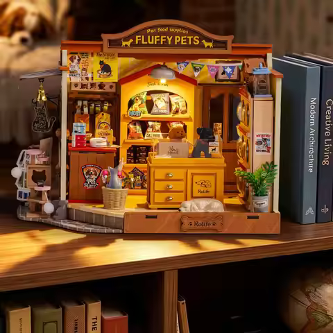 Rolife DIY Miniature House Kit Pet Store Wooden Dollhouse 3D Puzzle Model Building Kit with LED Ligh