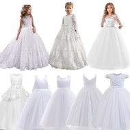 White Lace Child Flower Girl Dress Tulle Appliques Princess Floor Length for Wedding Party Baptism