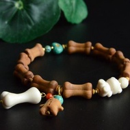 【童趣】天然老山檀骨頭雕刻手串手鏈猛獁象牙冰料搓金綠松石