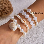 4 Pcs Bohemian Beach Vacation Ocean Themed Beaded Bracelet Set Shell Starfish Pearl Stackable Bangle