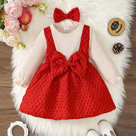 0-3Year Baby girl Christmas Dress Round neck Red Big Bow pleated Long sleeved dress Baby girl New Ye