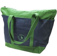 二手 POLO RALPH LAUREN 標誌刺繡帆布手提包（405898642001），海軍藍/綠色。特大號。