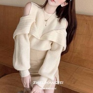 ZHELIHANGFEI Half Turtleneck Off-Shoulder Chic Knitwear Women Loose All-Match Sweater Top