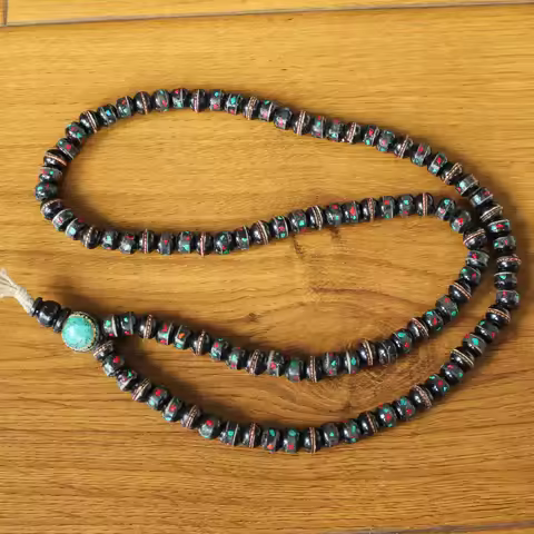 ML177 Vintage Tibetan Black Yak Bone 108 Prayer Beads Necklace Mala 8mm 10mm Bone Inlaid Colorful St