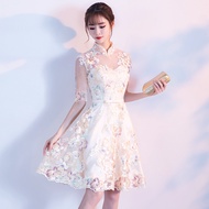 Formal Evening Dress For Women Champagne Chinese Glamorous Colorful Flower Pattern Female Short Gown